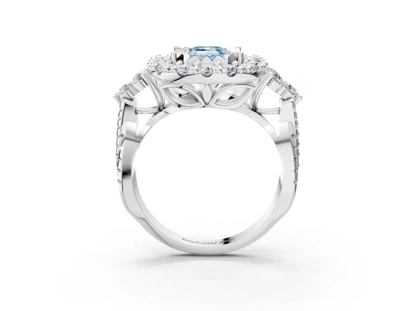 White gold Fancy Blue Emerald Cut Diamond Halo Ring with Pavé Band and Four-Prong Setting