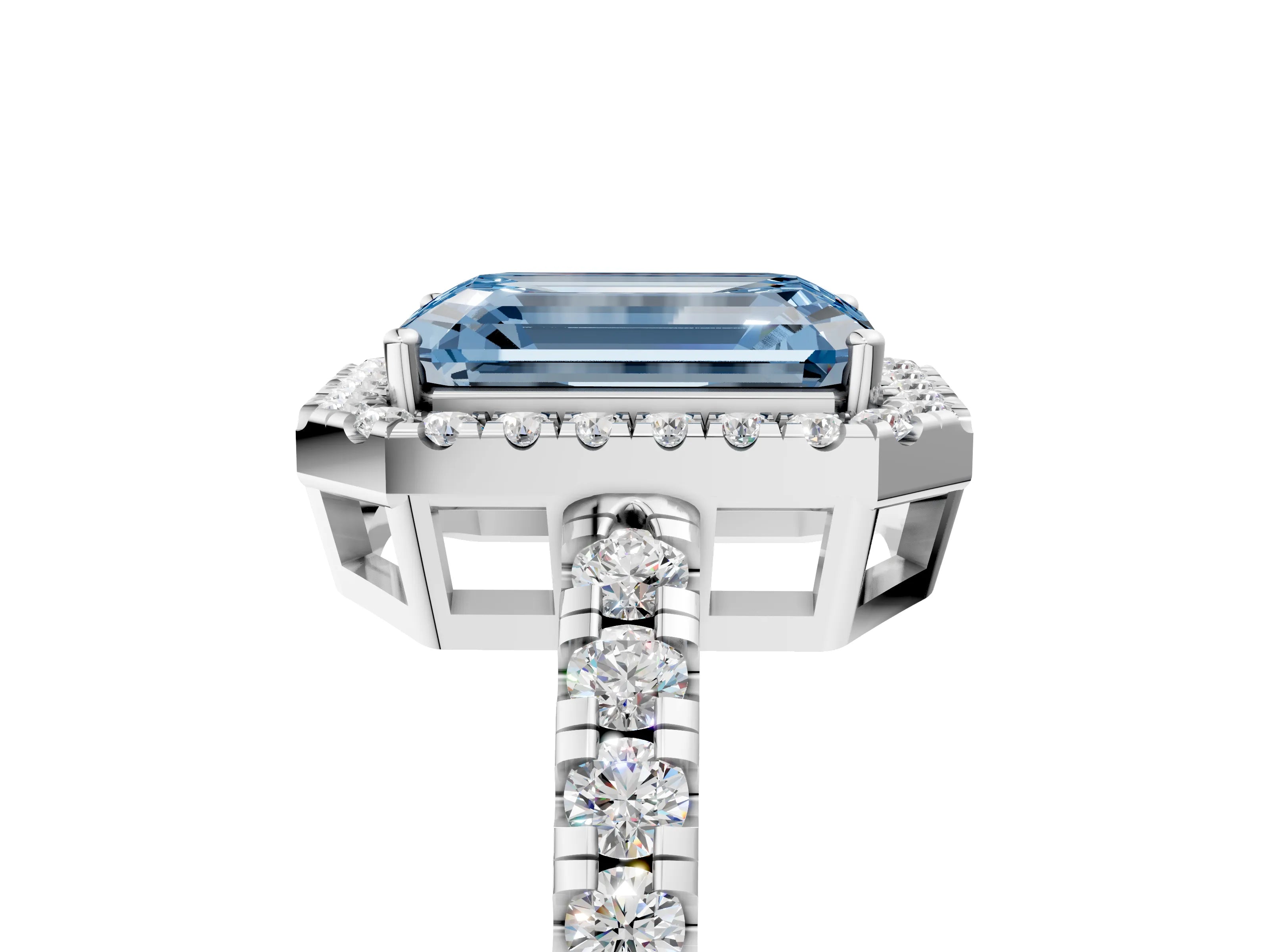 White gold Fancy Blue Emerald Cut Diamond Halo Ring with Pavé Band and Four-Prong Setting_5