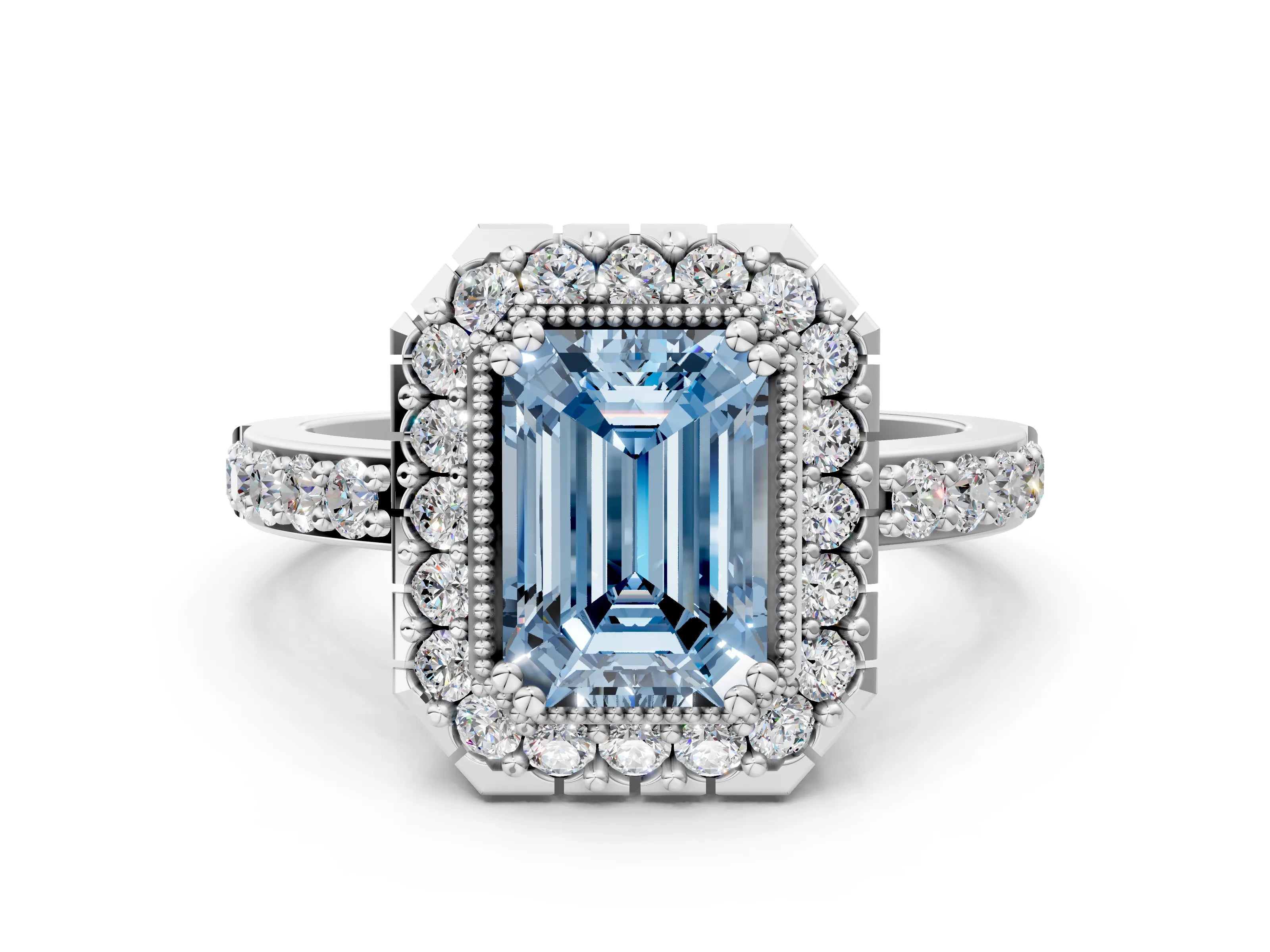 White gold Fancy Blue Emerald Cut Diamond Halo Ring with Pavé Band and Prong Setting