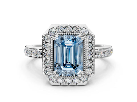 White gold Fancy Blue Emerald Cut Diamond Halo Ring with Pavé Band and Prong Setting_12