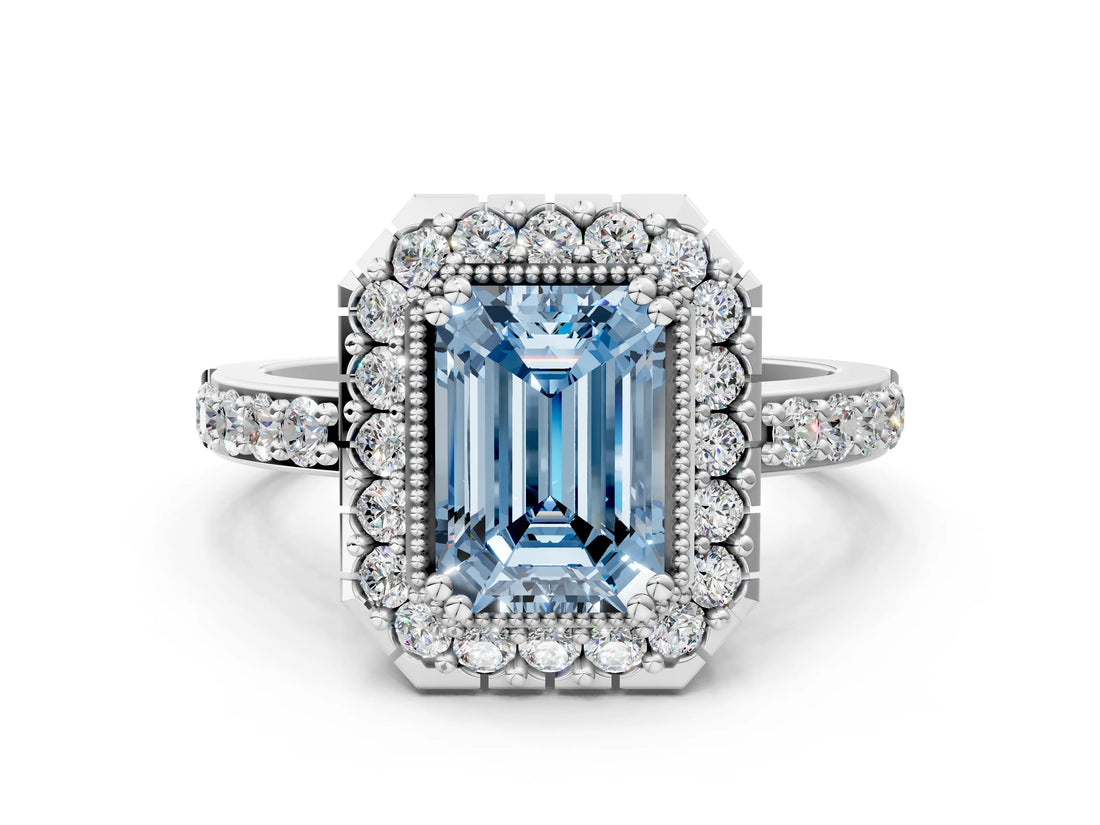 White gold Fancy Blue Emerald Cut Diamond Halo Ring with Pavé Band and Prong Setting_12