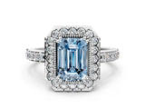 White gold Fancy Blue Emerald Cut Diamond Halo Ring with Pavé Band and Prong Setting_12