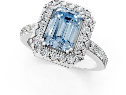 White gold Fancy Blue Emerald Cut Diamond Halo Ring with Pavé Band and Prong Setting_13