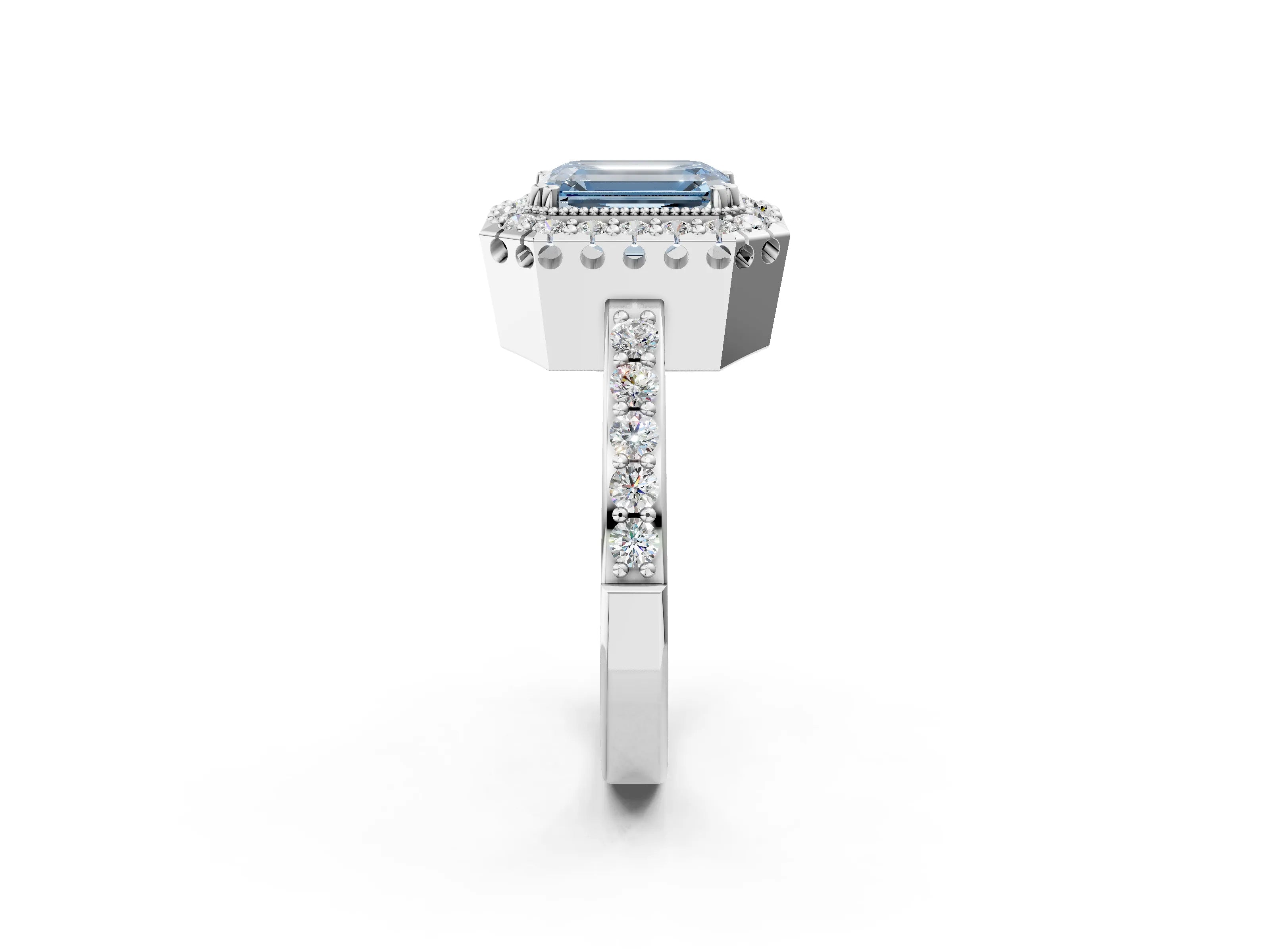 White gold Fancy Blue Emerald Cut Diamond Halo Ring with Pavé Band and Prong Setting_14