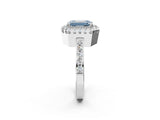 White gold Fancy Blue Emerald Cut Diamond Halo Ring with Pavé Band and Prong Setting_14