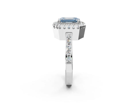 White gold Fancy Blue Emerald Cut Diamond Halo Ring with Pavé Band and Prong Setting_14