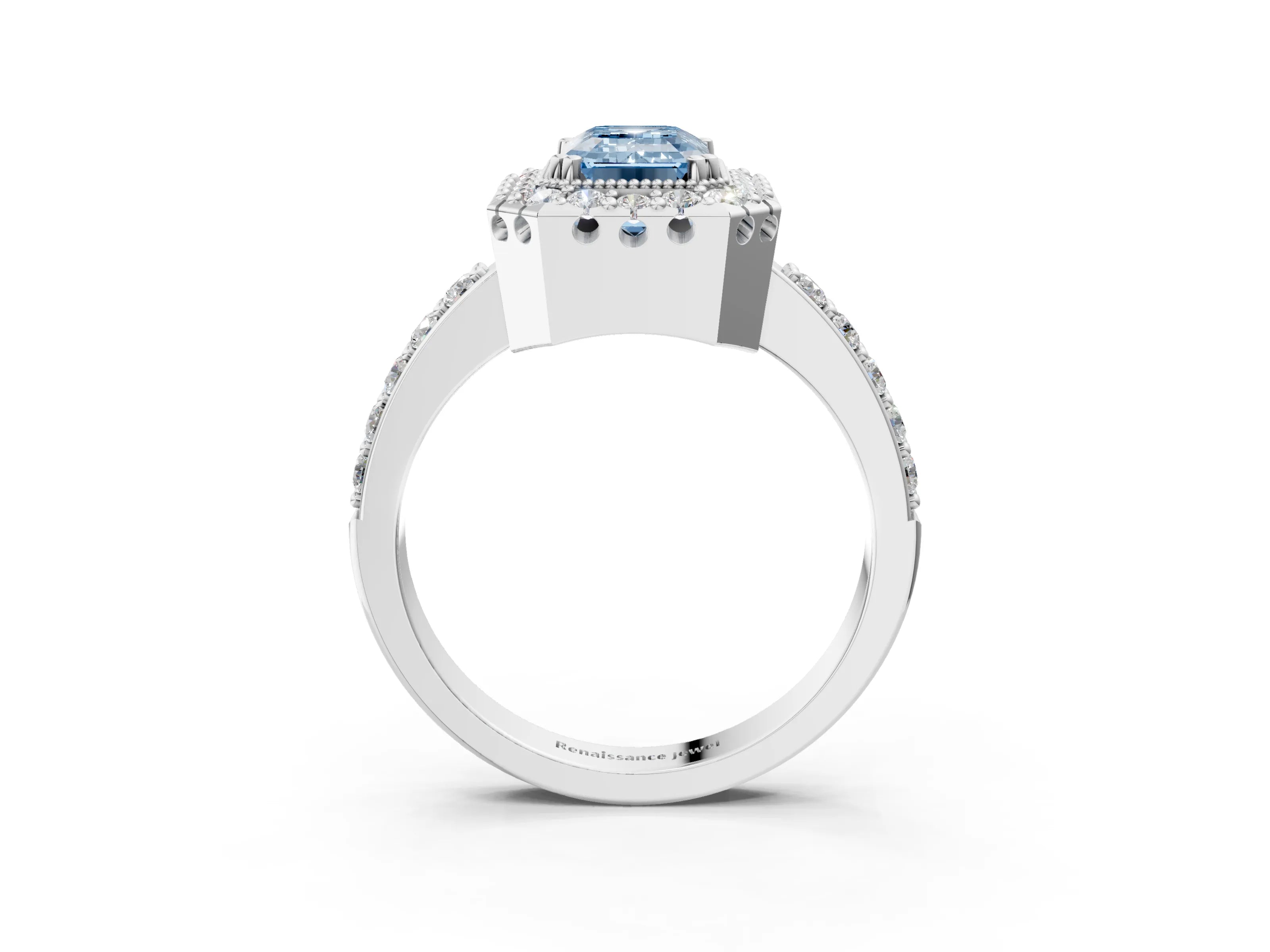 White gold Fancy Blue Emerald Cut Diamond Halo Ring with Pavé Band and Prong Setting_15