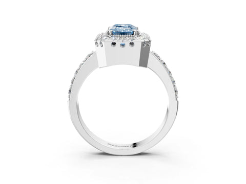 White gold Fancy Blue Emerald Cut Diamond Halo Ring with Pavé Band and Prong Setting_15
