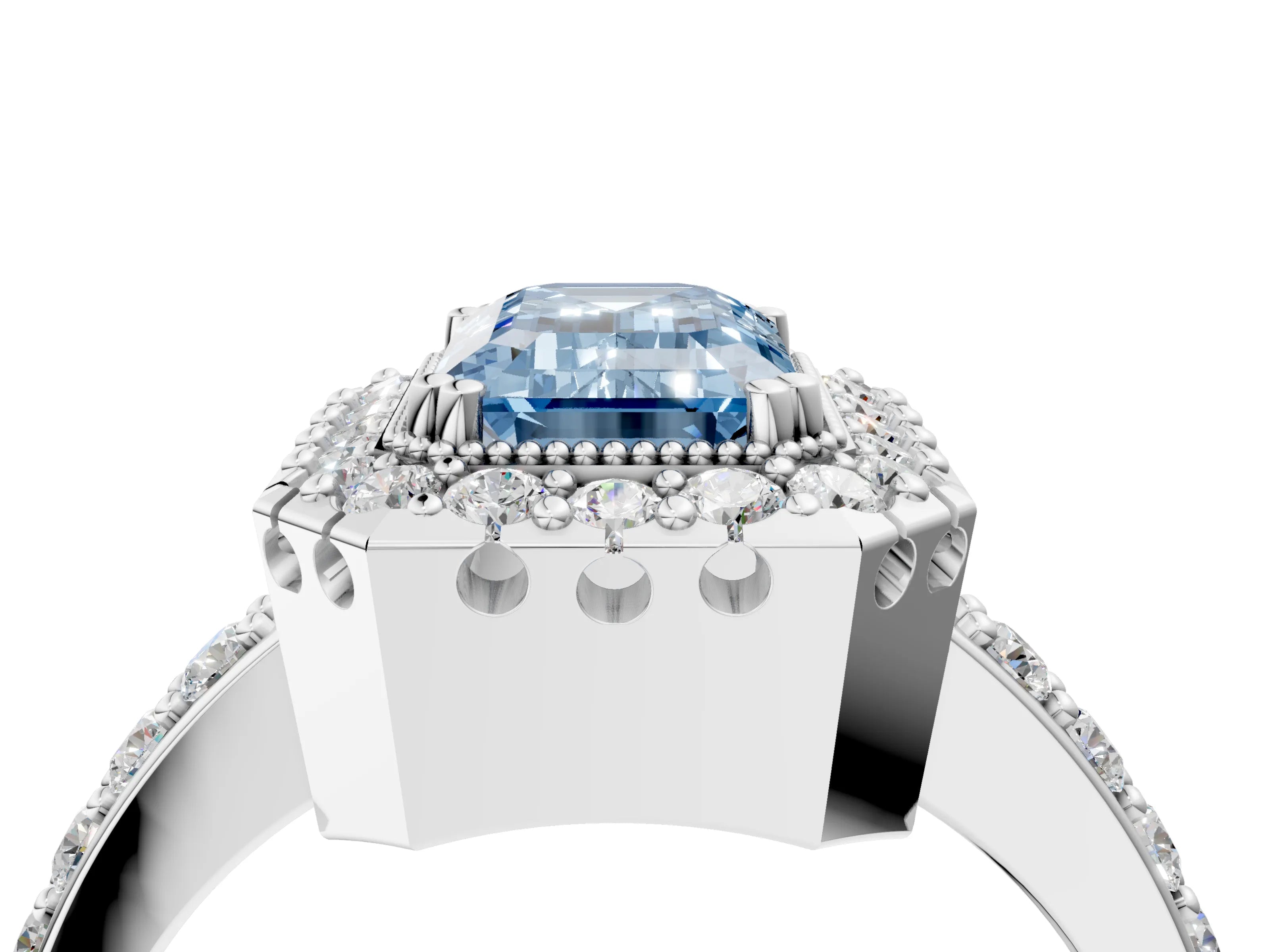 White gold Fancy Blue Emerald Cut Diamond Halo Ring with Pavé Band and Prong Setting_16