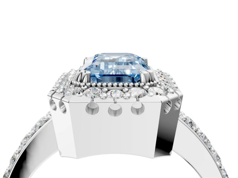 White gold Fancy Blue Emerald Cut Diamond Halo Ring with Pavé Band and Prong Setting_16