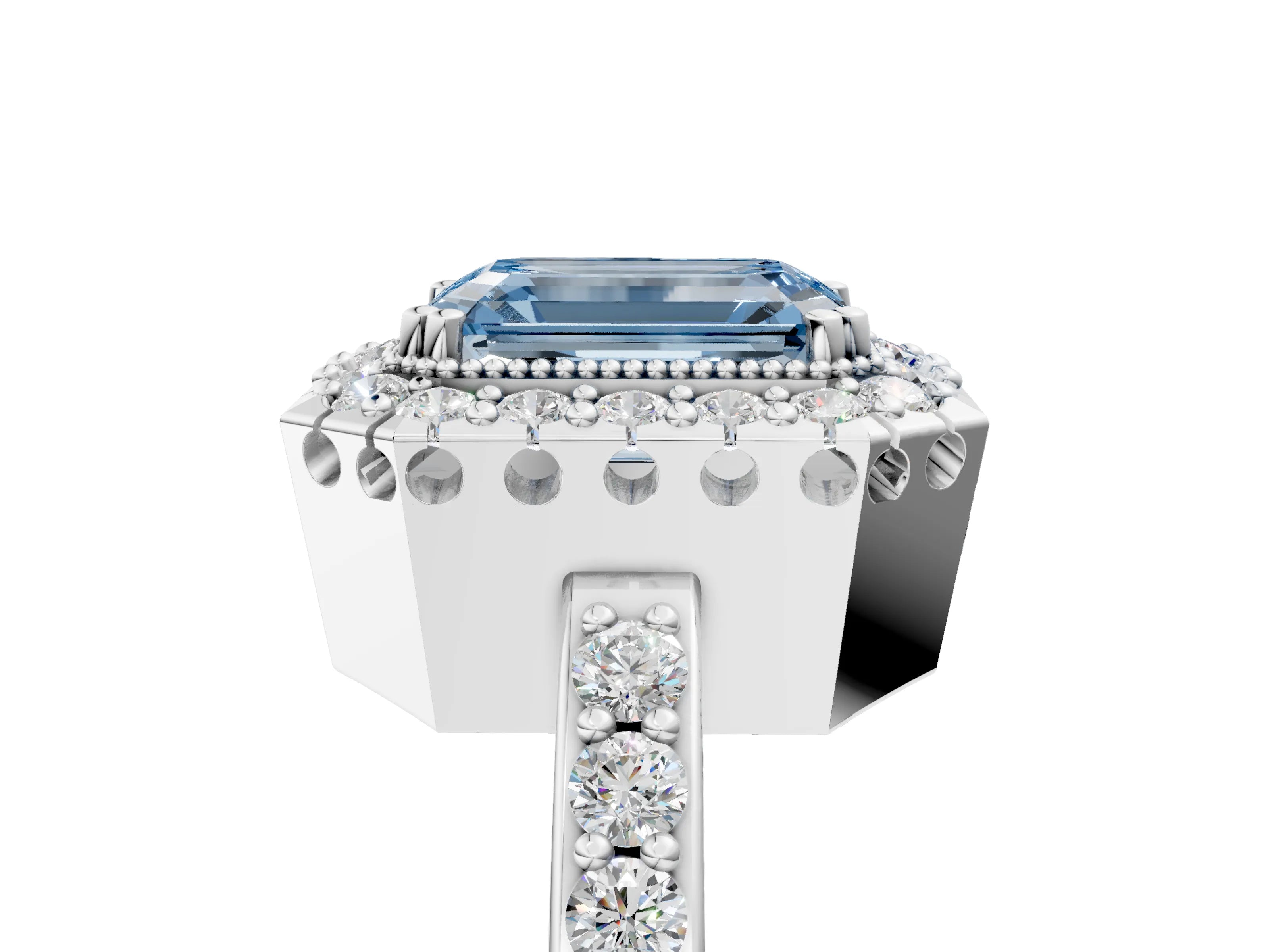 White gold Fancy Blue Emerald Cut Diamond Halo Ring with Pavé Band and Prong Setting_17