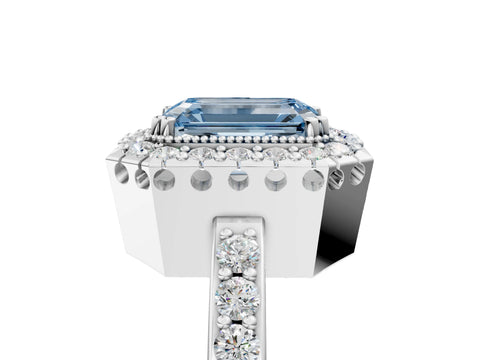 White gold Fancy Blue Emerald Cut Diamond Halo Ring with Pavé Band and Prong Setting_17