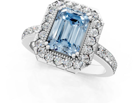 White gold Fancy Blue Emerald Cut Diamond Halo Ring with Pavé Band and Prong Setting_1