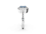 White gold Fancy Blue Emerald Cut Diamond Halo Ring with Pavé Band and Prong Setting_2