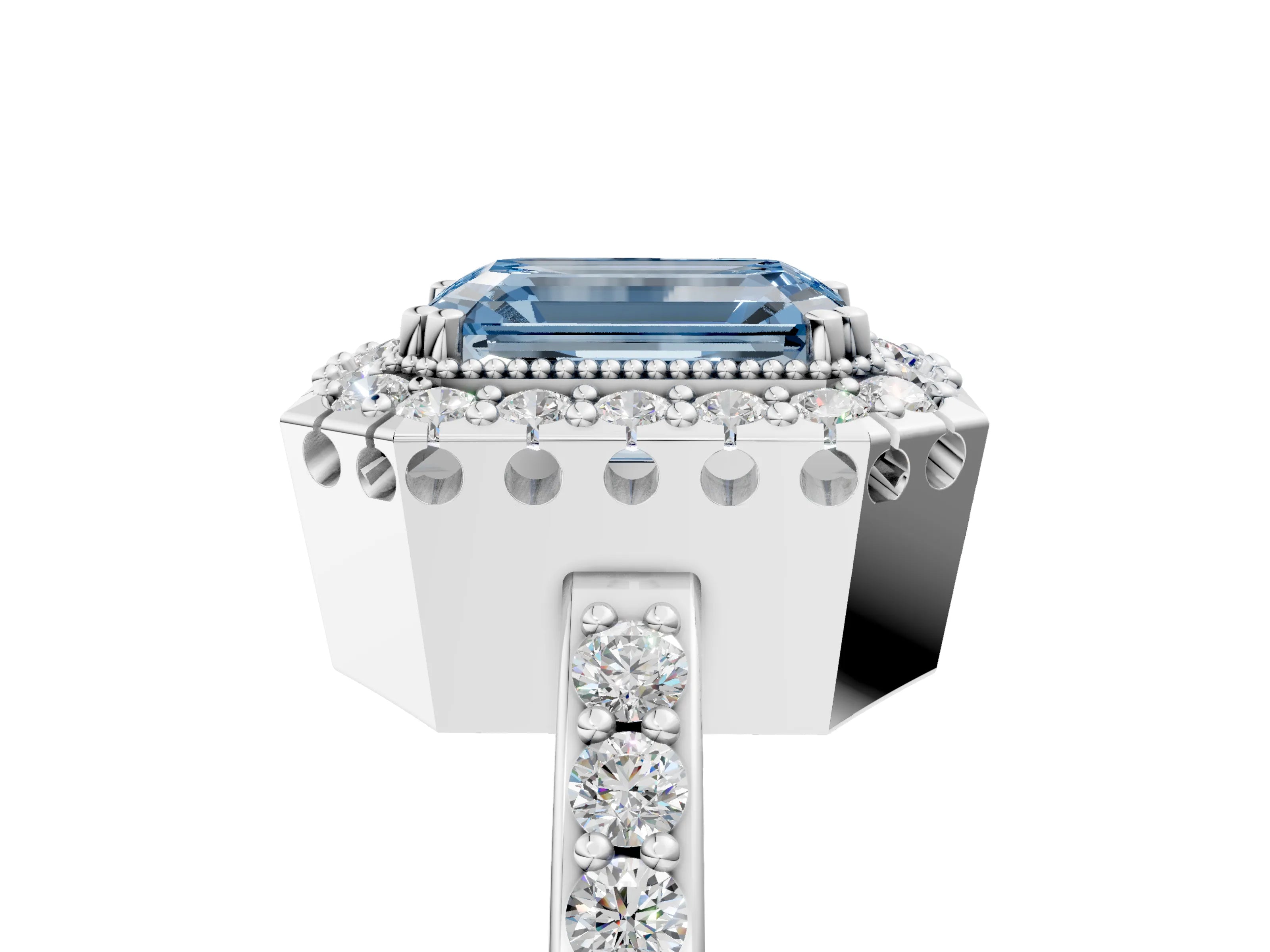 White gold Fancy Blue Emerald Cut Diamond Halo Ring with Pavé Band and Prong Setting_5