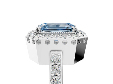 White gold Fancy Blue Emerald Cut Diamond Halo Ring with Pavé Band and Prong Setting_5