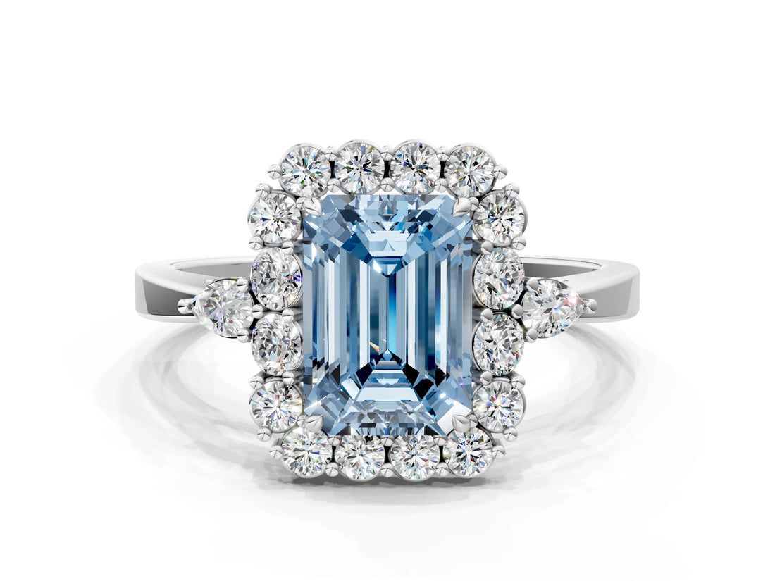 White gold Fancy Blue Emerald Cut Diamond Halo Ring with Pear Side Stones and Prong Setting_75