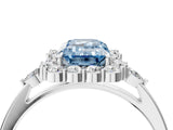 White gold Fancy Blue Emerald Cut Diamond Halo Ring with Pear Side Stones and Prong Setting_79