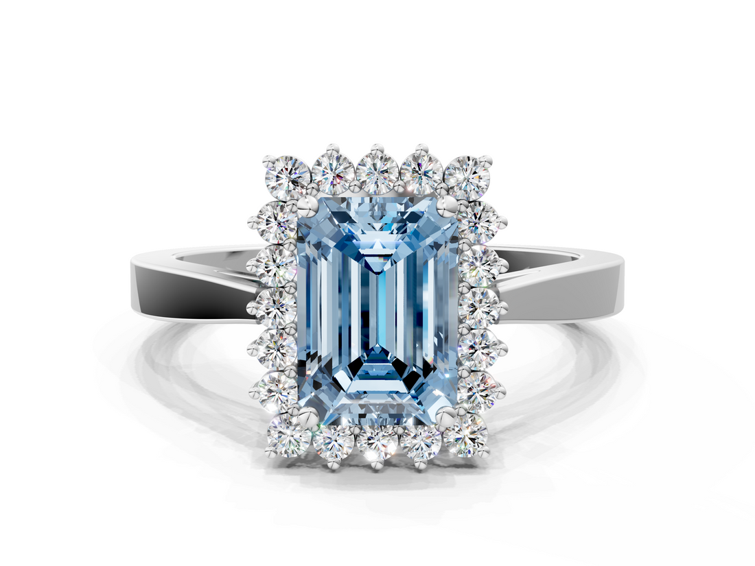White gold Fancy Blue Emerald  Cut Diamond Halo Ring with Round Brilliant Halo and Solitaire Band_86