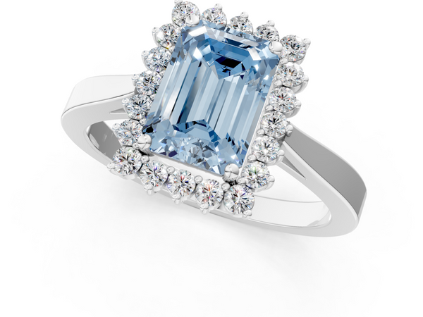Platinum Fancy Blue Emerald  Cut Diamond Halo Ring with Round Brilliant Halo and Solitaire Band