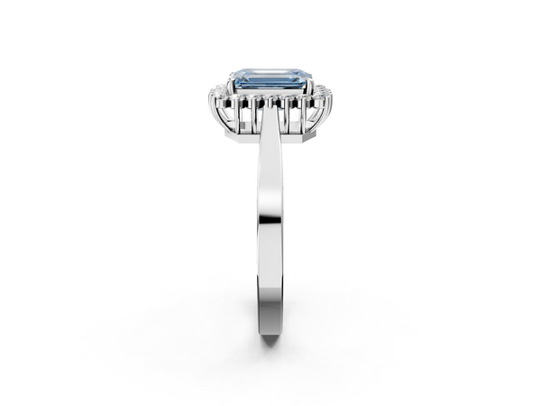 Platinum Fancy Blue Emerald  Cut Diamond Halo Ring with Round Brilliant Halo and Solitaire Band