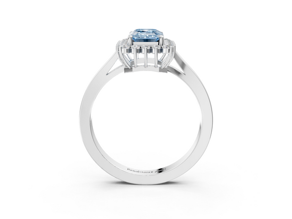 Platinum Fancy Blue Emerald  Cut Diamond Halo Ring with Round Brilliant Halo and Solitaire Band
