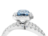 White gold Fancy Blue Emerald Cut Diamond Halo Ring with Round Split Shank and Prong Setting_18