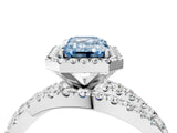 White gold Fancy Blue Emerald Cut Diamond Halo Ring with Round Split Shank and Prong Setting_66