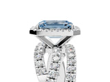 White gold Fancy Blue Emerald Cut Diamond Halo Ring with Round Split Shank and Prong Setting_67