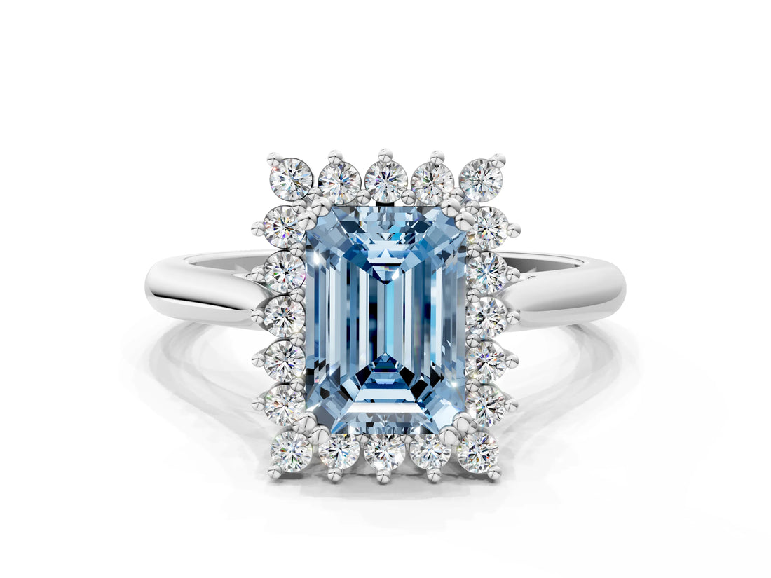 White gold Fancy Blue Emerald  Cut Diamond Halo Ring with Solitaire Band and Prong Setting_53