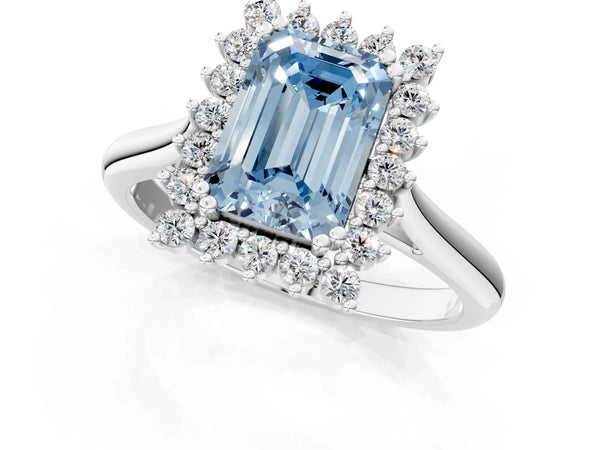 Platinum Fancy Blue Emerald  Cut Diamond Halo Ring with Solitaire Band and Prong Setting