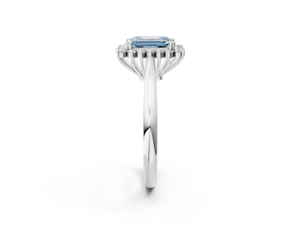 Platinum Fancy Blue Emerald  Cut Diamond Halo Ring with Solitaire Band and Prong Setting