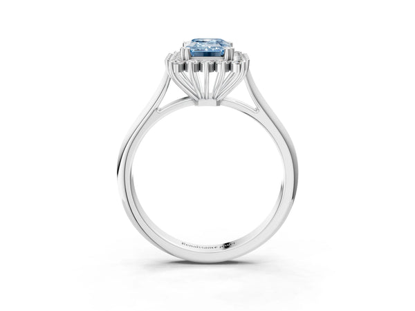 Platinum Fancy Blue Emerald  Cut Diamond Halo Ring with Solitaire Band and Prong Setting