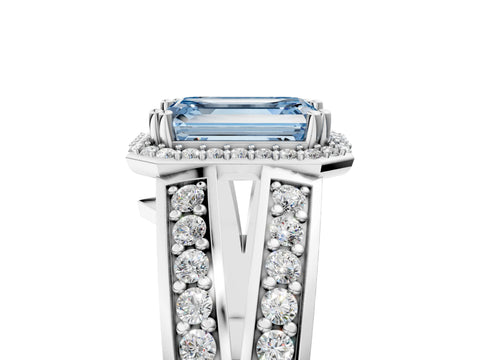 White gold Fancy Blue Emerald Cut Diamond Halo Ring with Split Shank Pavé Band and Four-Prong Setting_17