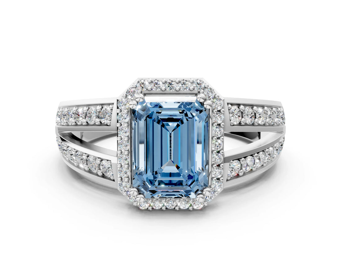 White gold Fancy Blue Emerald Cut Diamond Halo Ring with Split Shank Pavé Band and Four-Prong Setting_24