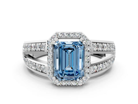 White gold Fancy Blue Emerald Cut Diamond Halo Ring with Split Shank Pavé Band and Four-Prong Setting_24