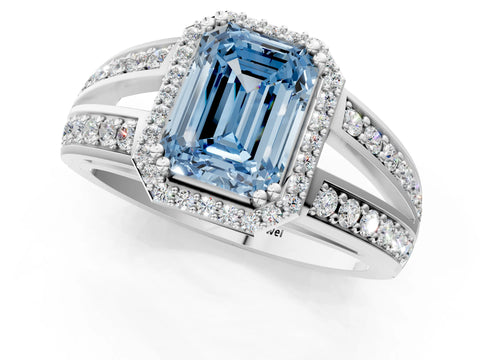 White gold Fancy Blue Emerald Cut Diamond Halo Ring with Split Shank Pavé Band and Four-Prong Setting_25