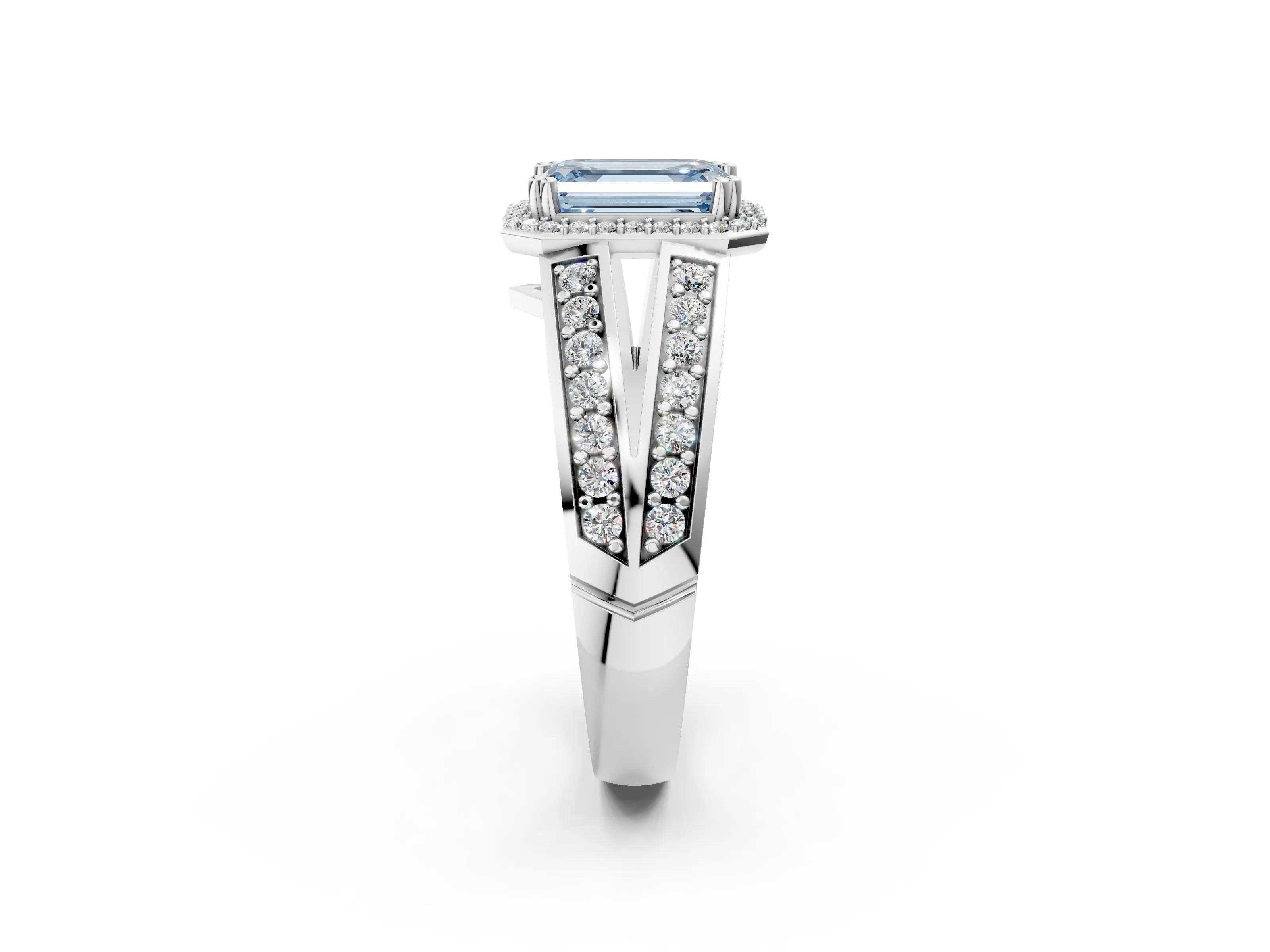 White gold Fancy Blue Emerald Cut Diamond Halo Ring with Split Shank Pavé Band and Four-Prong Setting_26
