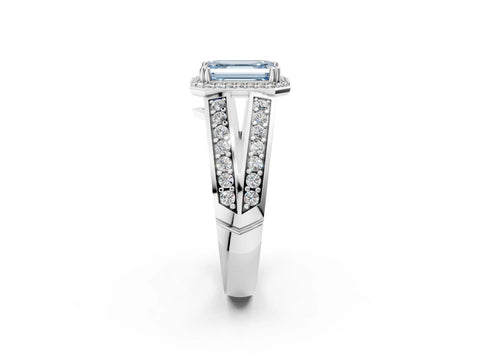 White gold Fancy Blue Emerald Cut Diamond Halo Ring with Split Shank Pavé Band and Four-Prong Setting_26