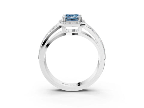 White gold Fancy Blue Emerald Cut Diamond Halo Ring with Split Shank Pavé Band and Four-Prong Setting_27