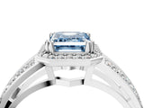 White gold Fancy Blue Emerald Cut Diamond Halo Ring with Split Shank Pavé Band and Four-Prong Setting_28