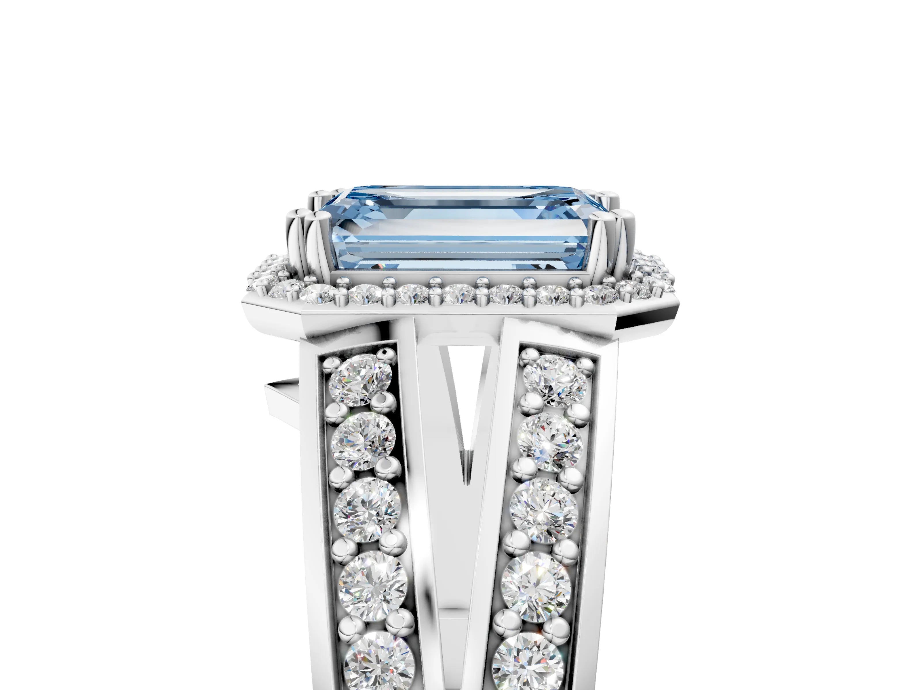 White gold Fancy Blue Emerald Cut Diamond Halo Ring with Split Shank Pavé Band and Four-Prong Setting_29