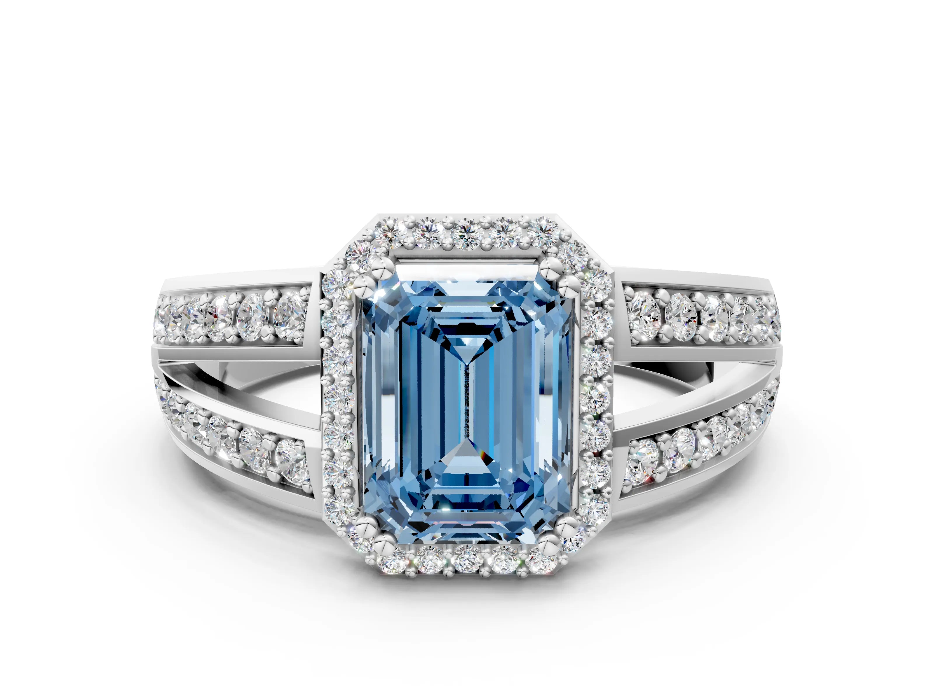 White gold Fancy Blue Emerald Cut Diamond Halo Ring with Split Shank Pavé Band and Four-Prong Setting_36
