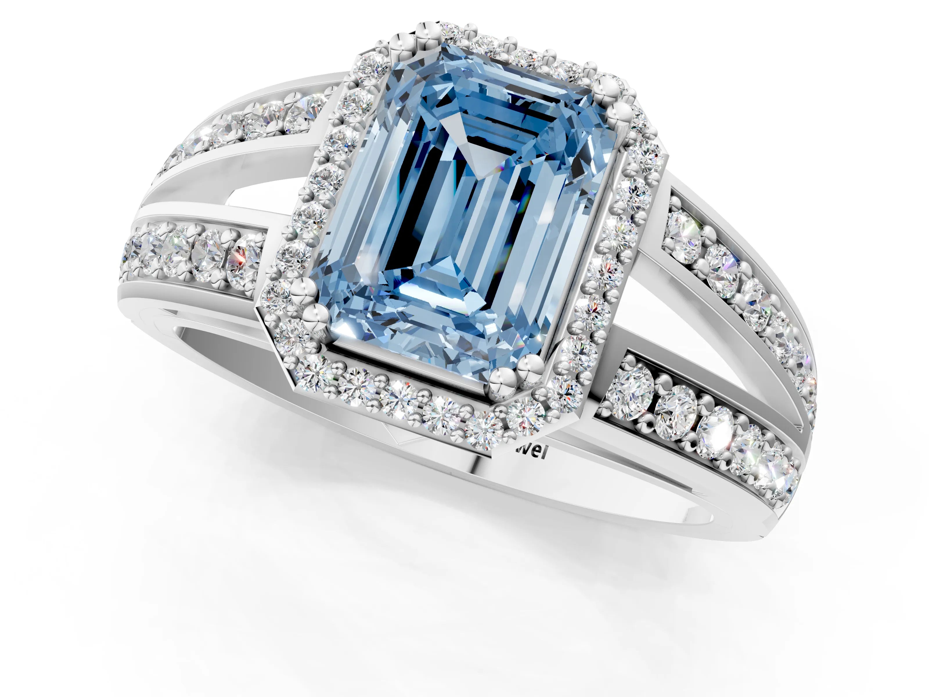 White gold Fancy Blue Emerald Cut Diamond Halo Ring with Split Shank Pavé Band and Four-Prong Setting_37