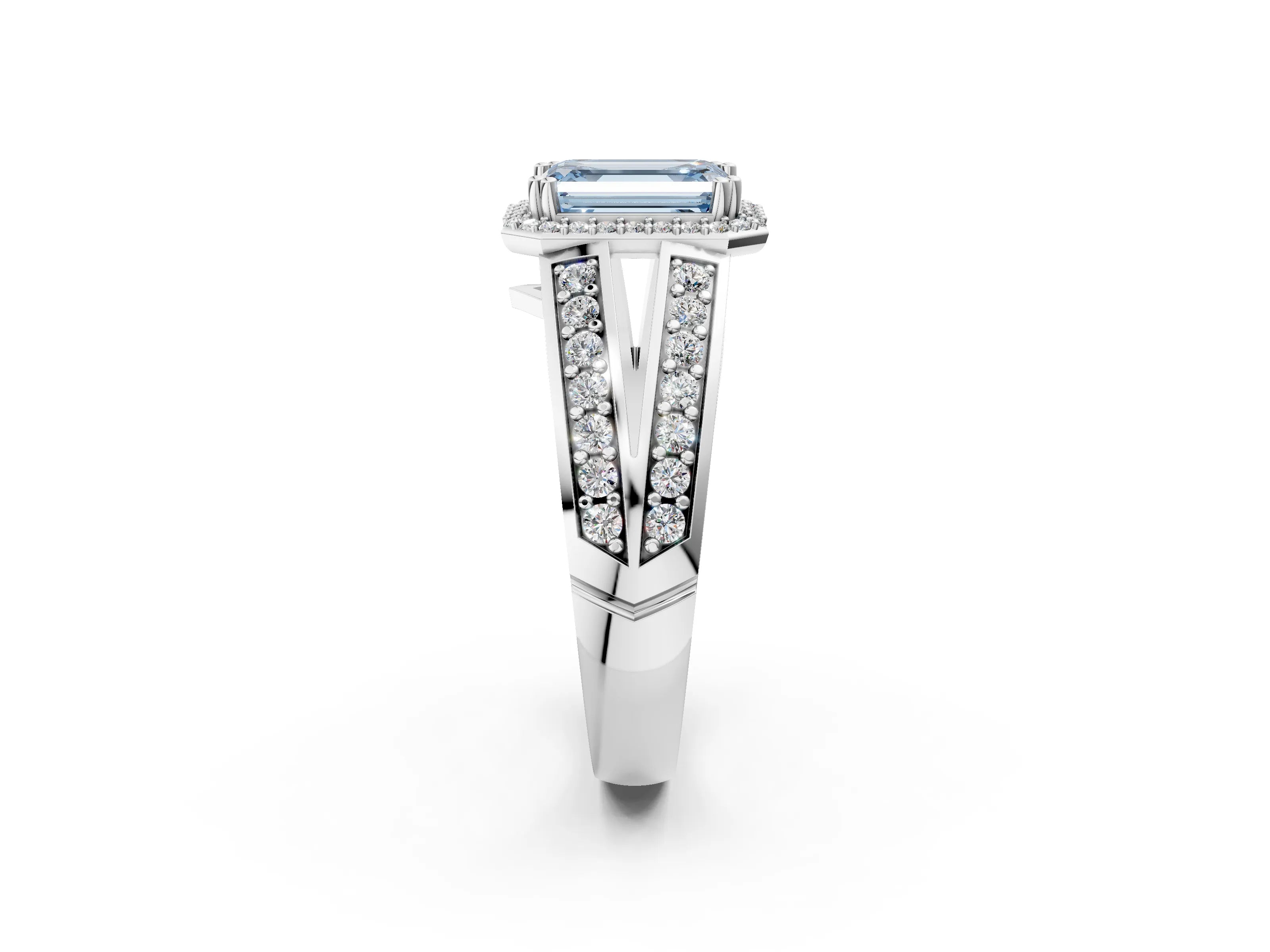 White gold Fancy Blue Emerald Cut Diamond Halo Ring with Split Shank Pavé Band and Four-Prong Setting_38