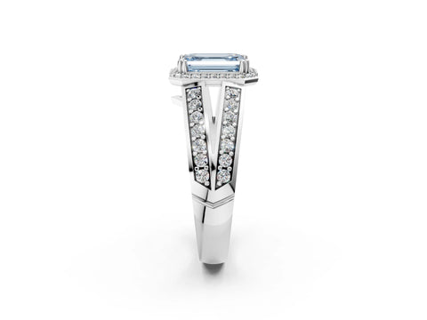White gold Fancy Blue Emerald Cut Diamond Halo Ring with Split Shank Pavé Band and Four-Prong Setting_38