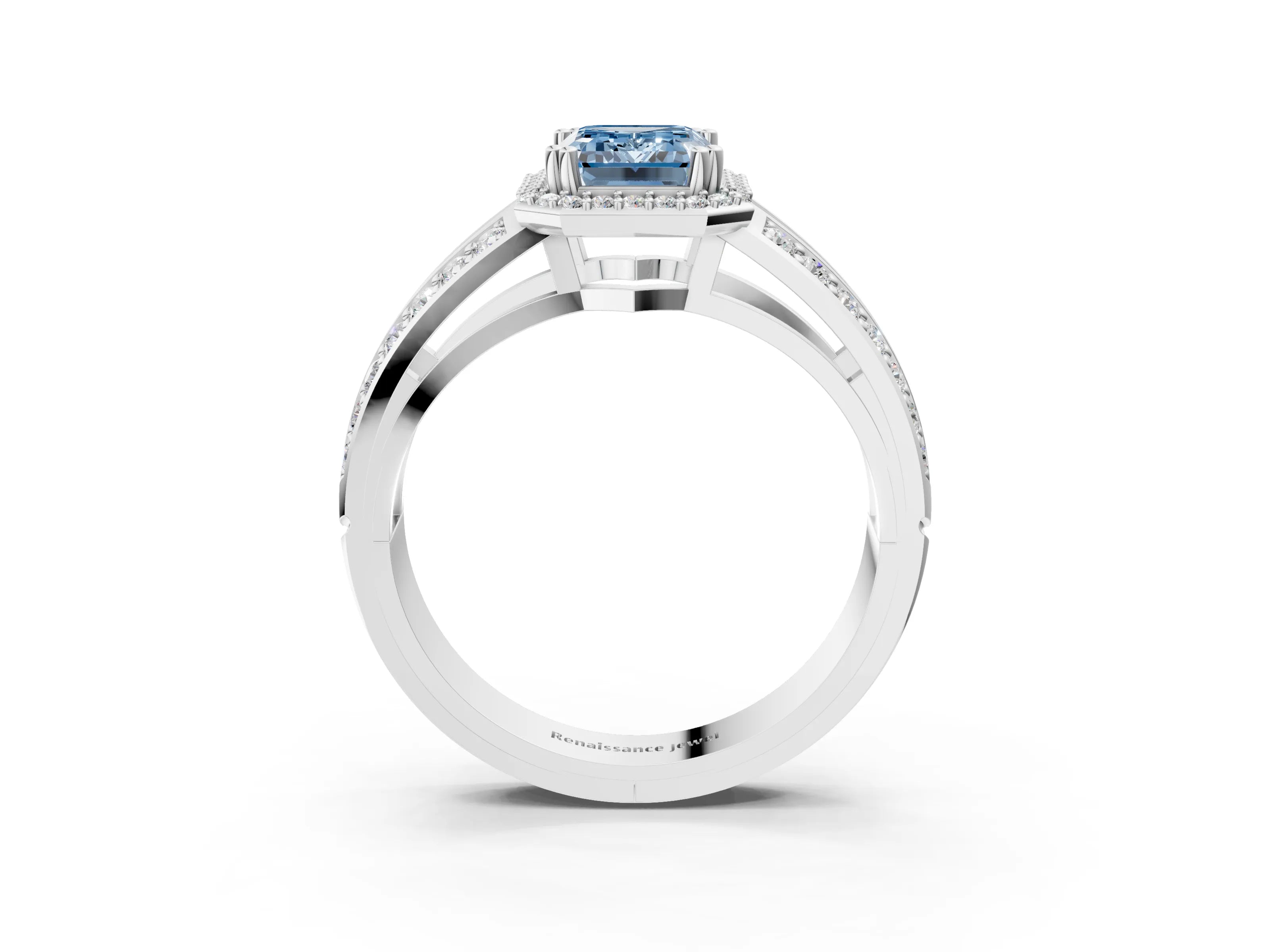 White gold Fancy Blue Emerald Cut Diamond Halo Ring with Split Shank Pavé Band and Four-Prong Setting_39