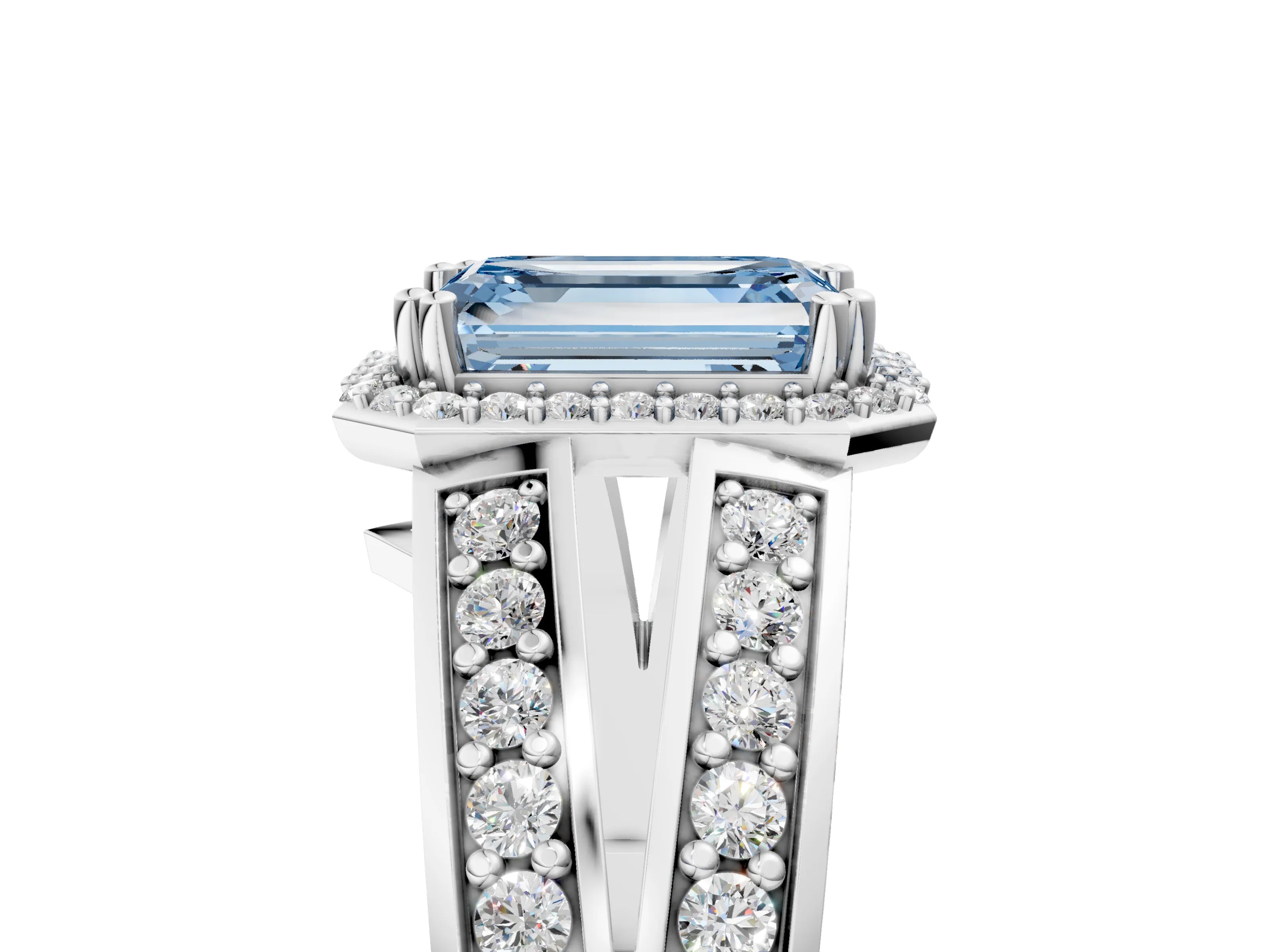 White gold Fancy Blue Emerald Cut Diamond Halo Ring with Split Shank Pavé Band and Four-Prong Setting_41