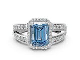 White gold Fancy Blue Emerald Cut Diamond Halo Ring with Split Shank Pavé Band and Four-Prong Setting_42
