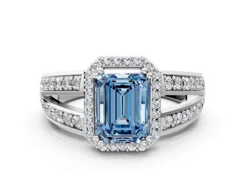 White gold Fancy Blue Emerald Cut Diamond Halo Ring with Split Shank Pavé Band and Four-Prong Setting_43